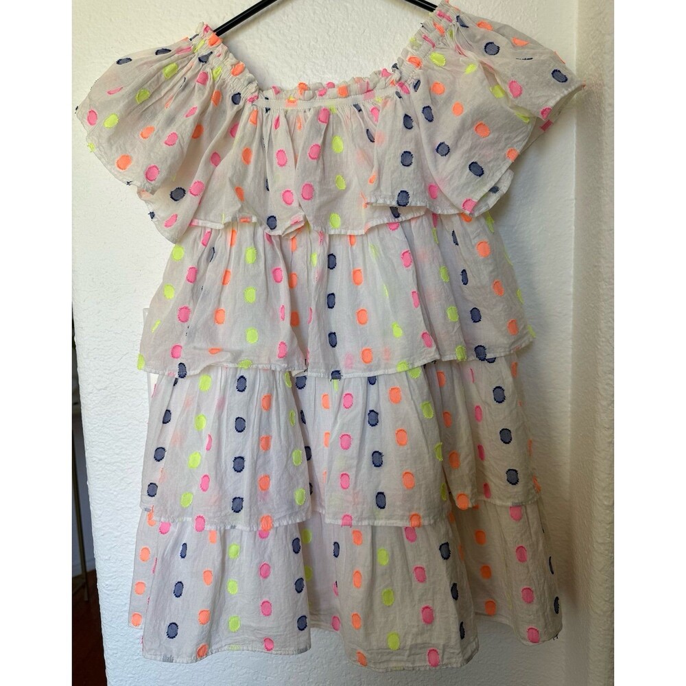 Mini Boden Neon Textured Polka Dot Tiered Ruffle Dress 5-6Y